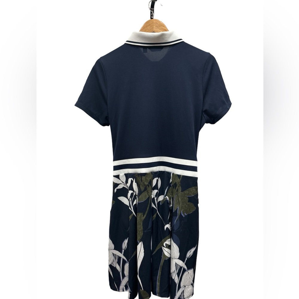 Lady Hagen Navy Polo Midi Dress with White Trim and Green Floral Skirt - Picture 3 of 12